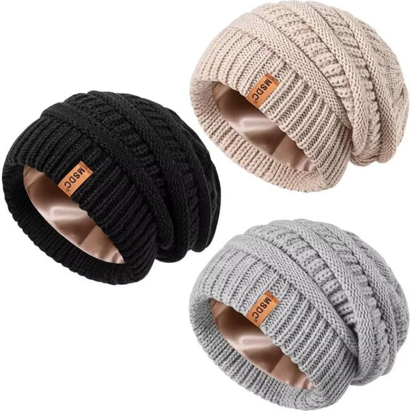3 Pack Satin Lined Beanie for Women Warm Slouchy Winter Hats with Silk Lined F